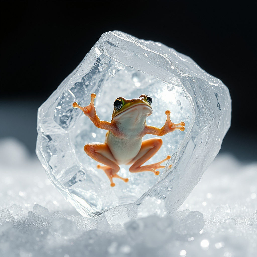 Frog Frozen in Mid-Air Leap amidst Icy, Ethereal Landscape