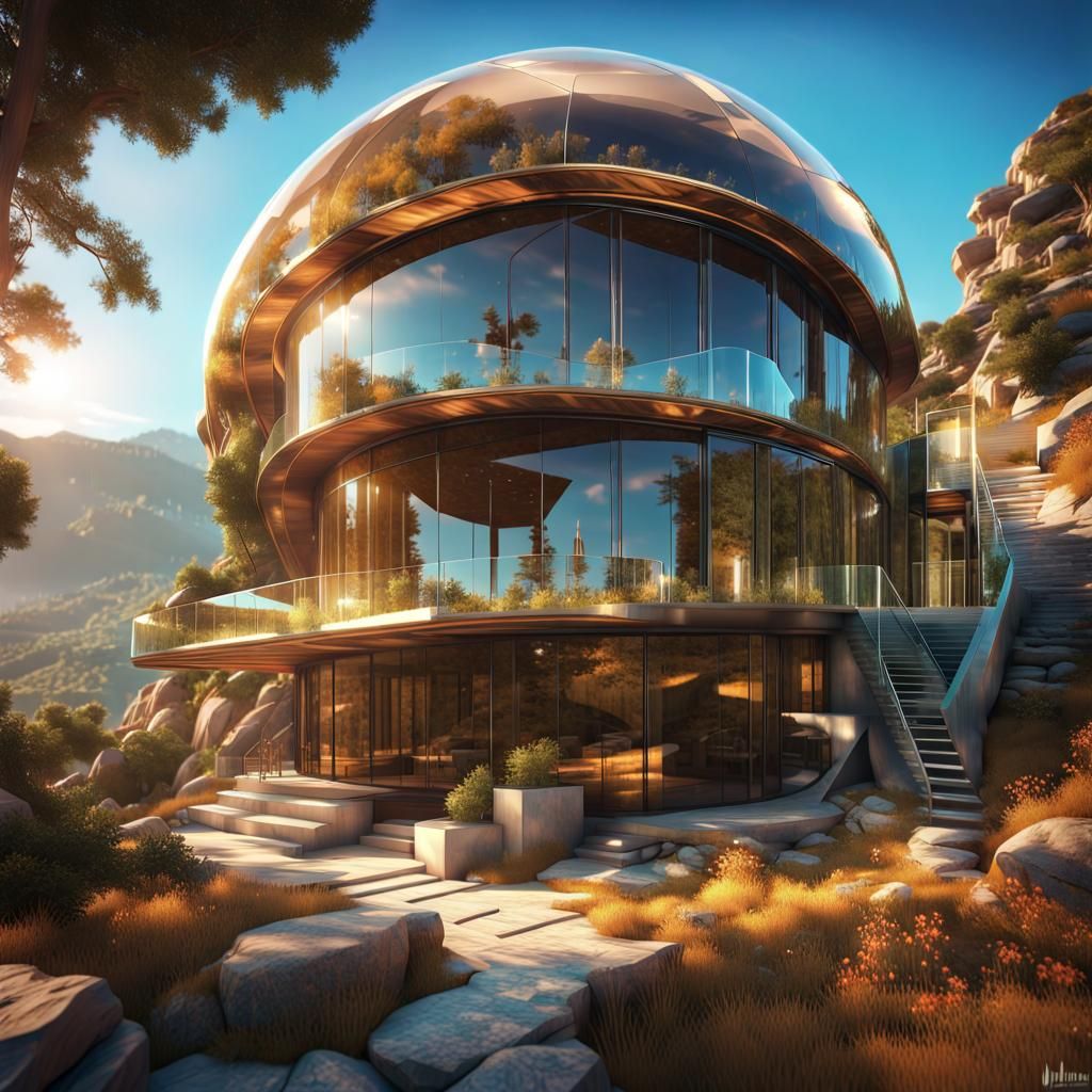 Asymmetrical Glass Mansion: Sci-Fi Digital Art