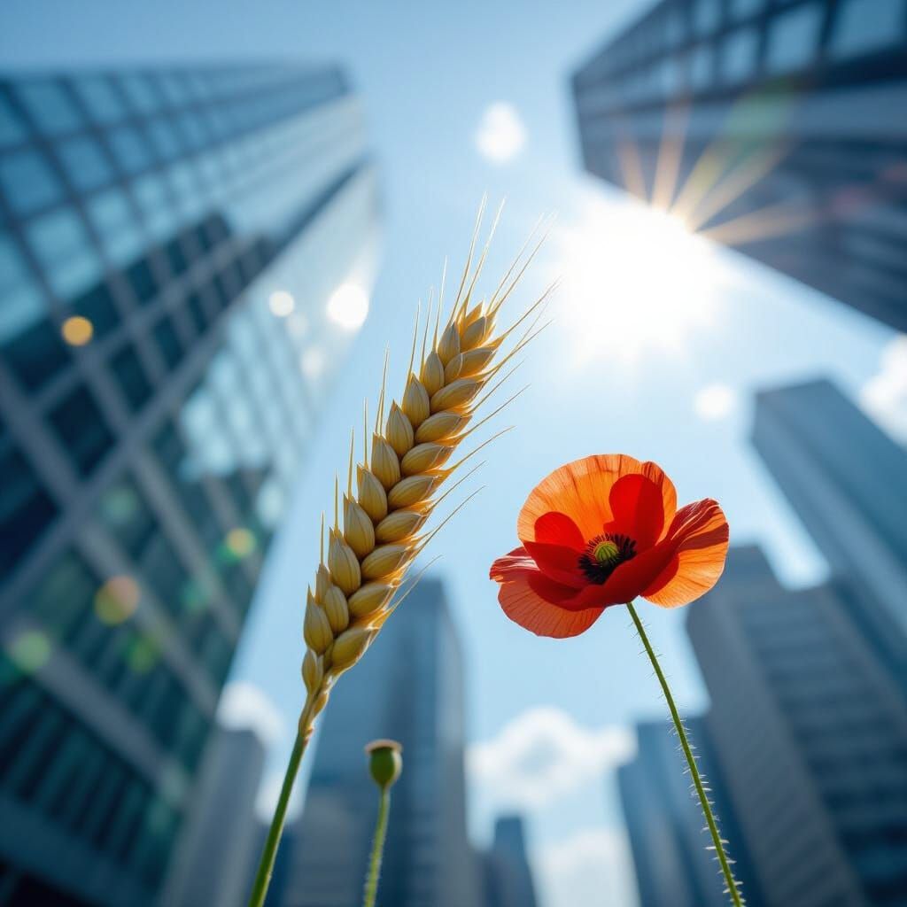 Wheat and Poppy in Futuristic Cityscape Photography