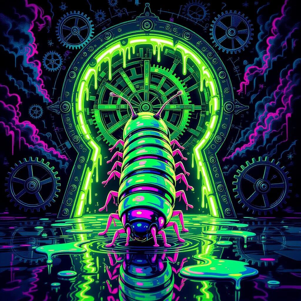 Neon Millipede Through Keyhole in Psychedelic Graffiti Style
