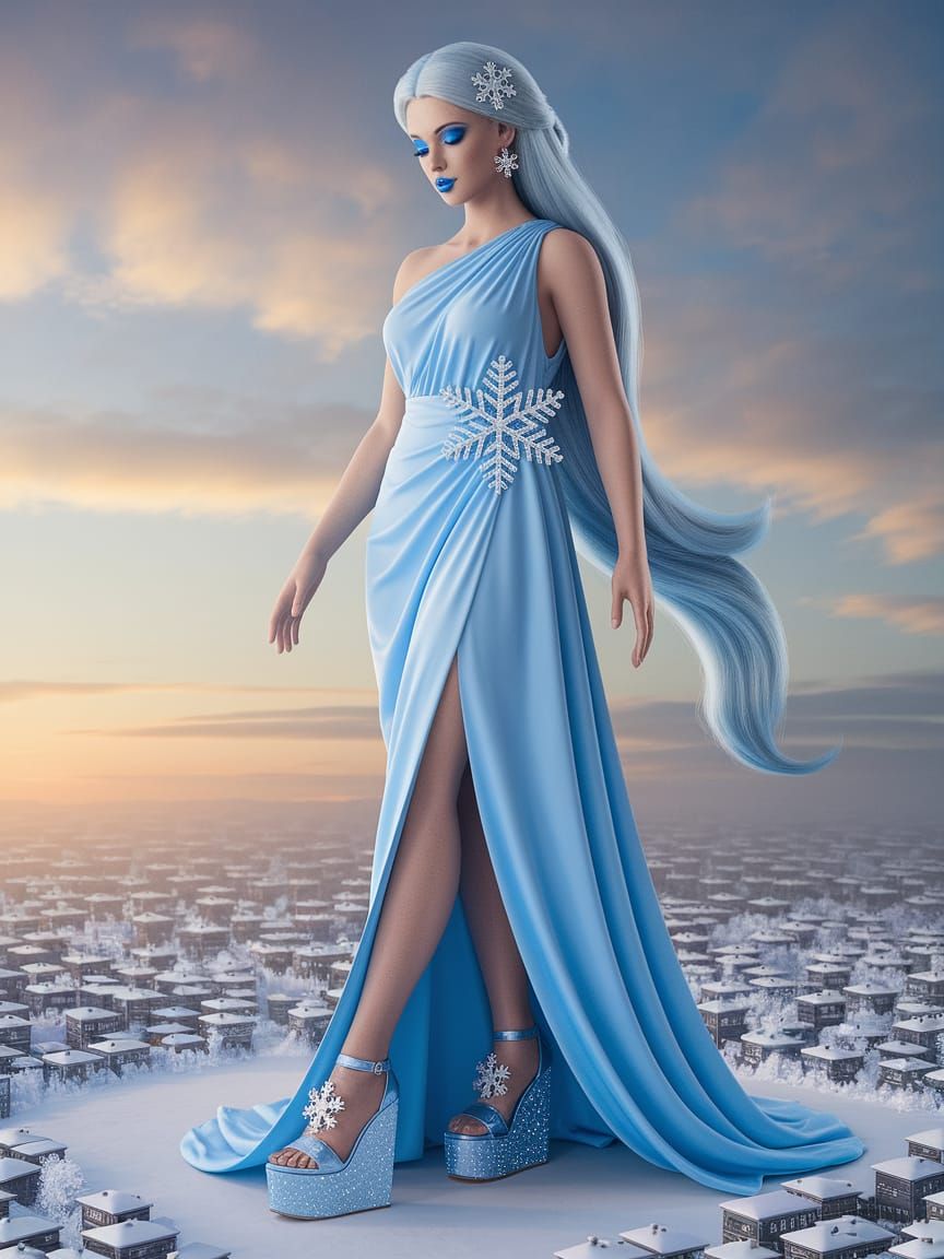 Ethereal Ice Giantess Stands Majestically Under Winter Sky