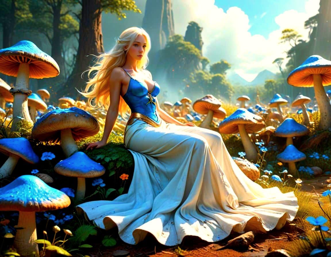 Barefoot Smurf in Mushroom Field: Heroic Fantasy Cartoon