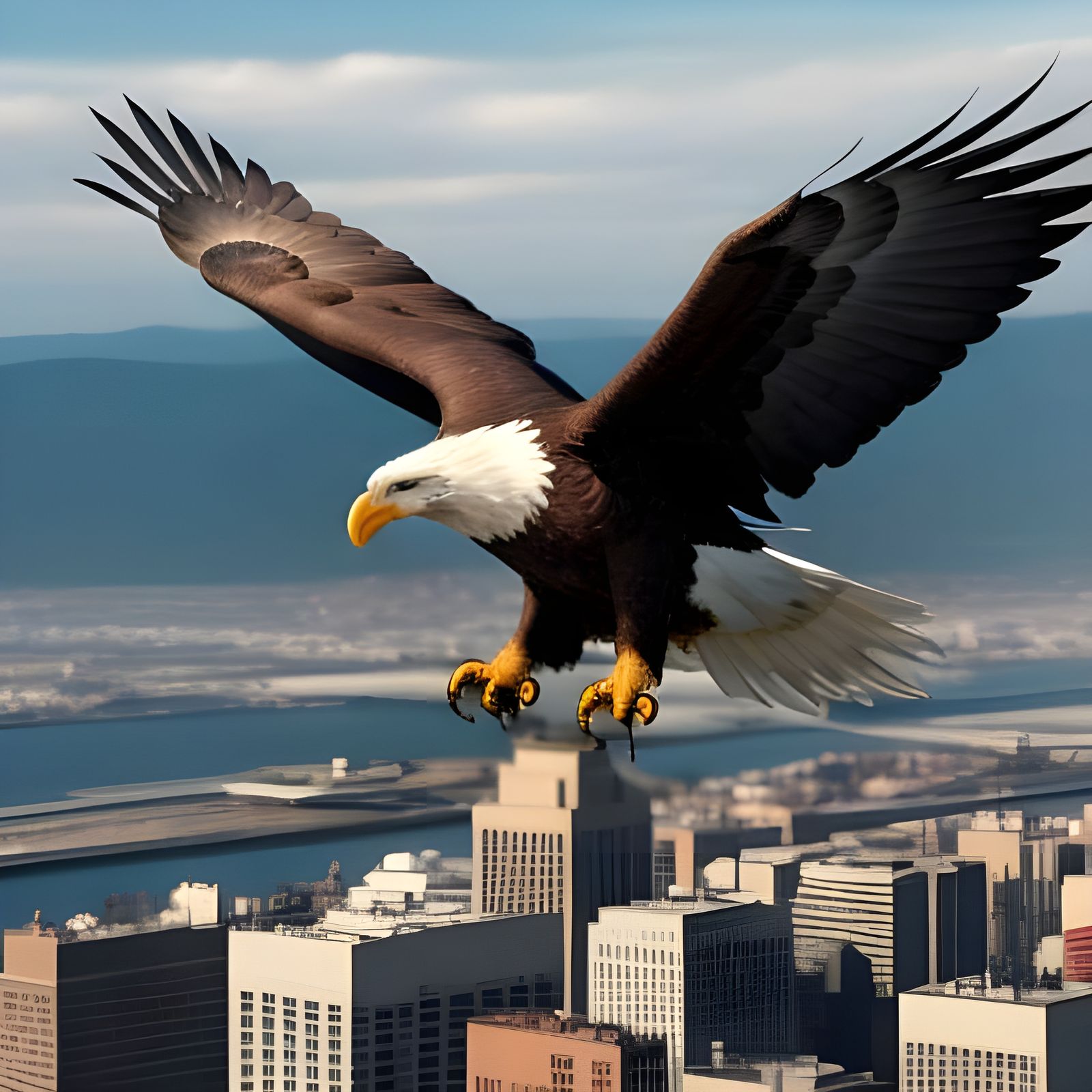 Patriotic American Eagle Soars Above City Skyscrapers in Exp...