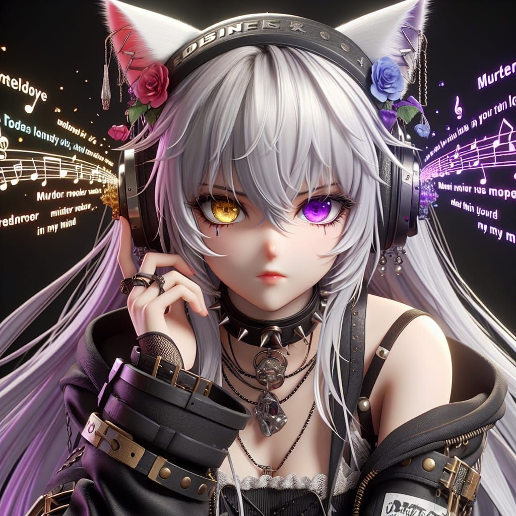 Gothic Neko Girl Listening to Music in 3D Anime Style