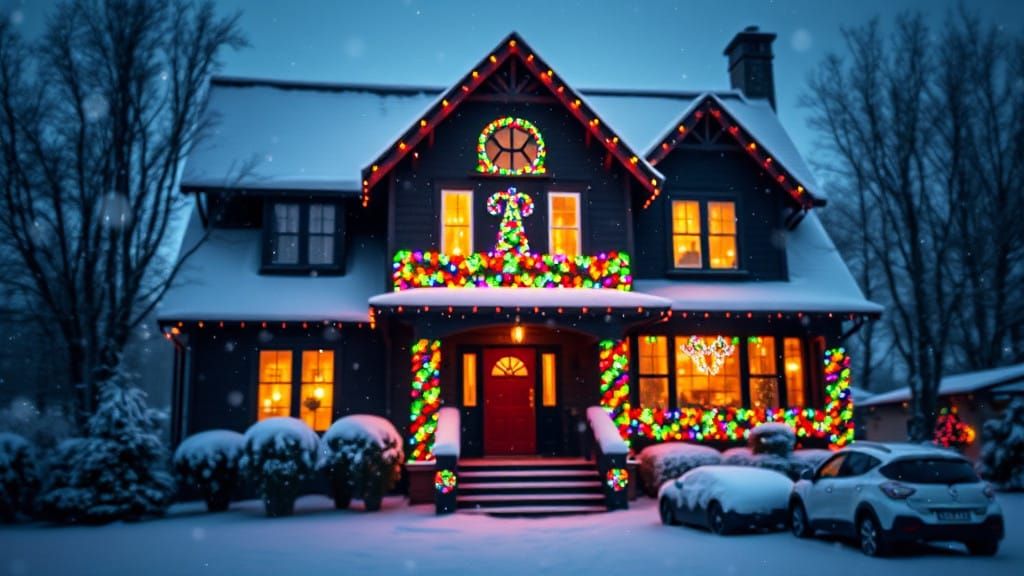 Winter Wonderland Black House with Vibrant Christmas Lights