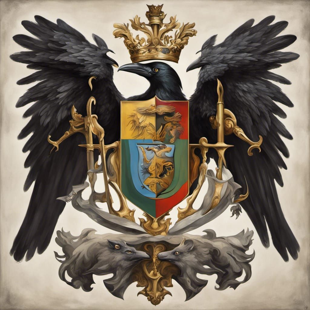 Surreal Raven and Wolf Coat of Arms as Oil Painting