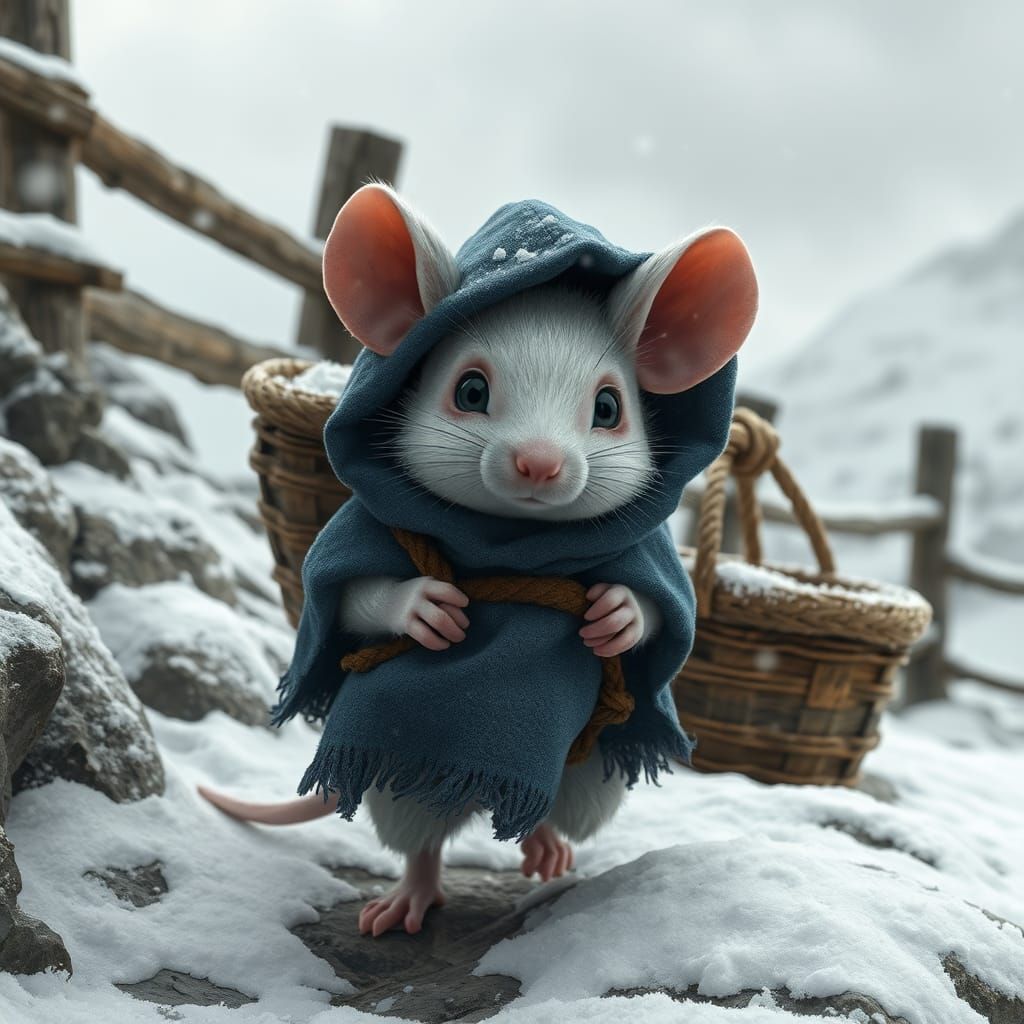 Mouse in Blue Cloak Walks Snowy Mountain