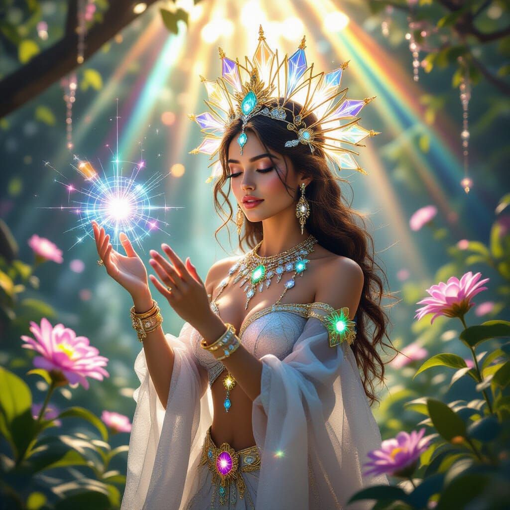 Light Goddess Cultivating Crystalline Ecosystem in Cinematic...