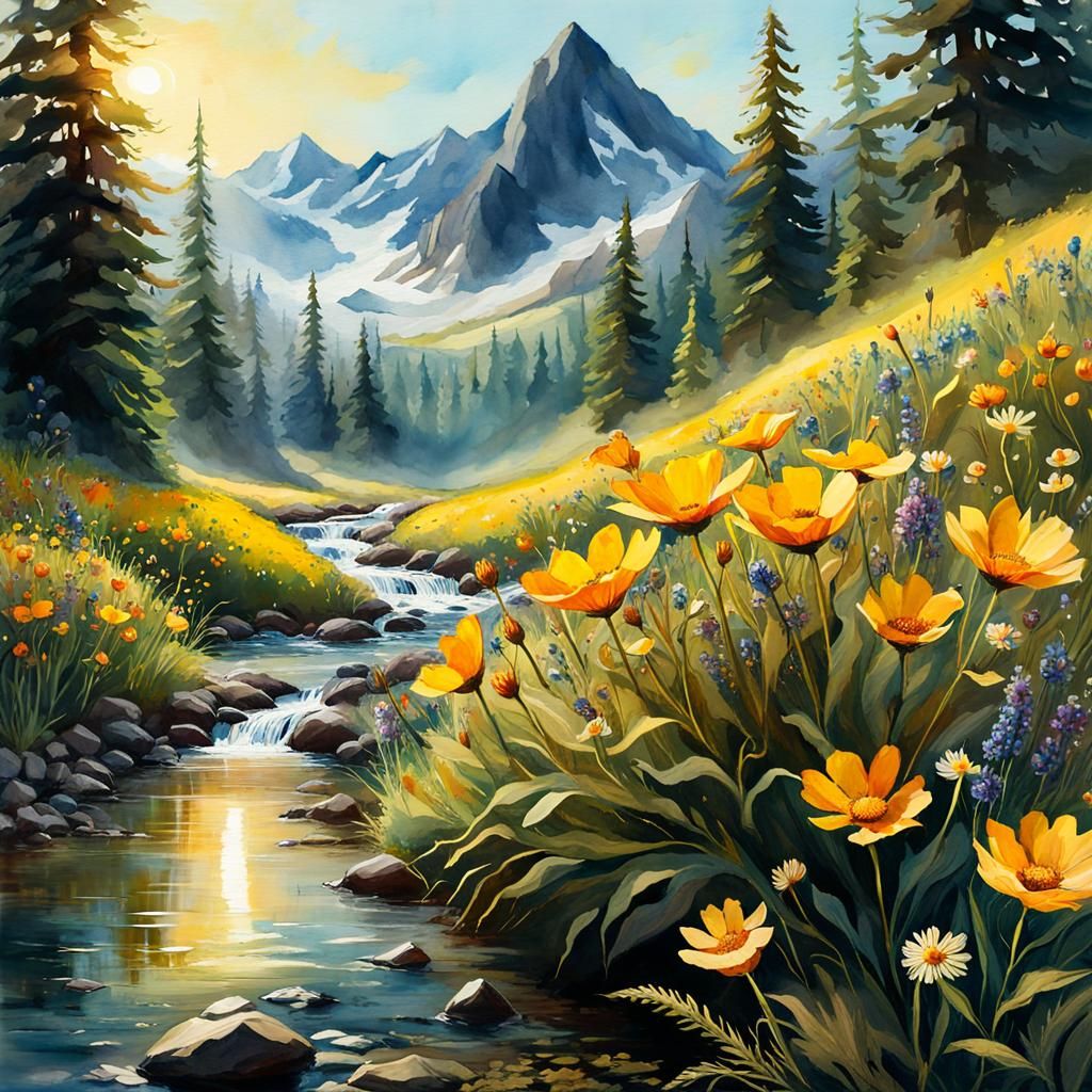 Spring Mountain Meadow: Digital Watercolor Illustration