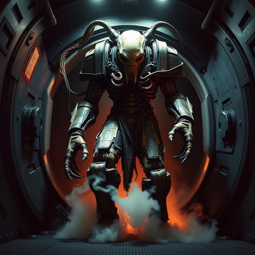 Genestealer Emerges from Airlock in Dark Surrealist Style