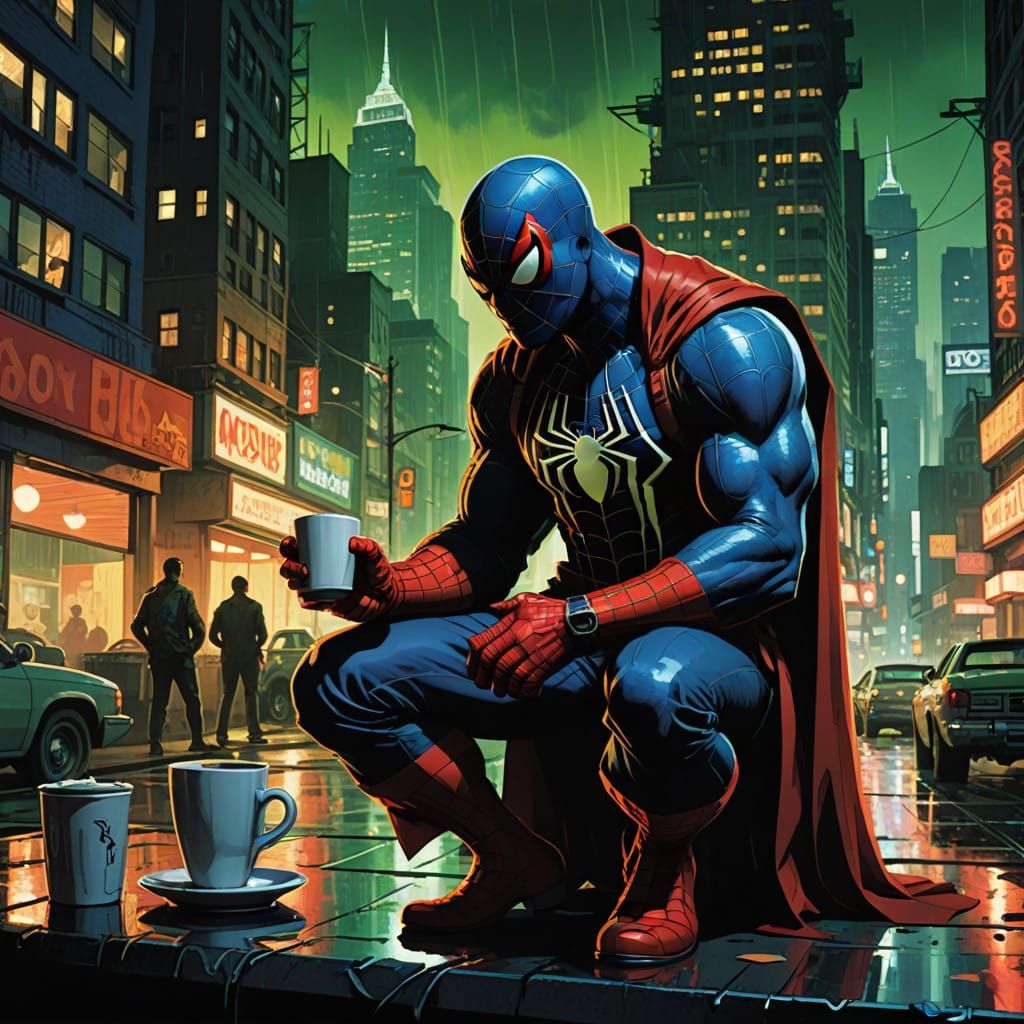 Comic Book Art of Spiderman and Hulk in a Bustling City