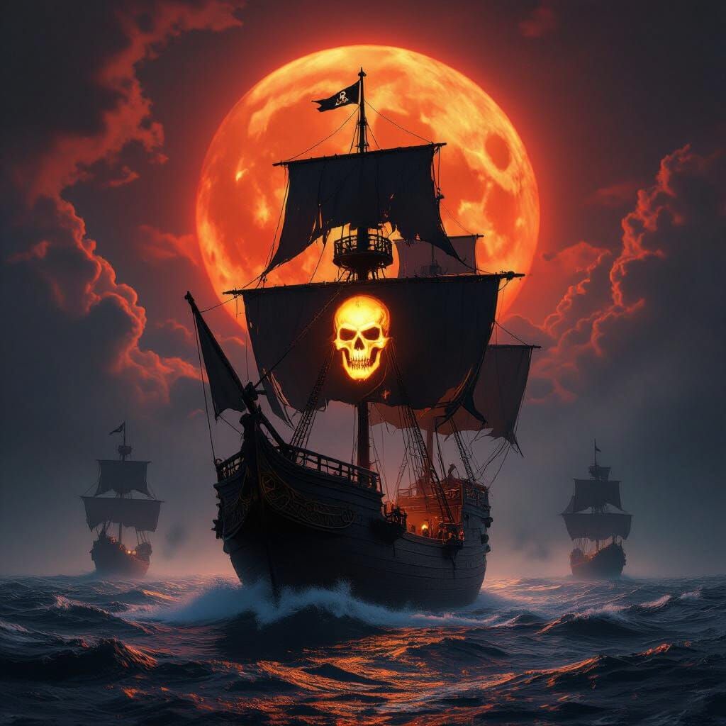 Ghost Pirate Ship on Stormy Seas Under Blood Moon