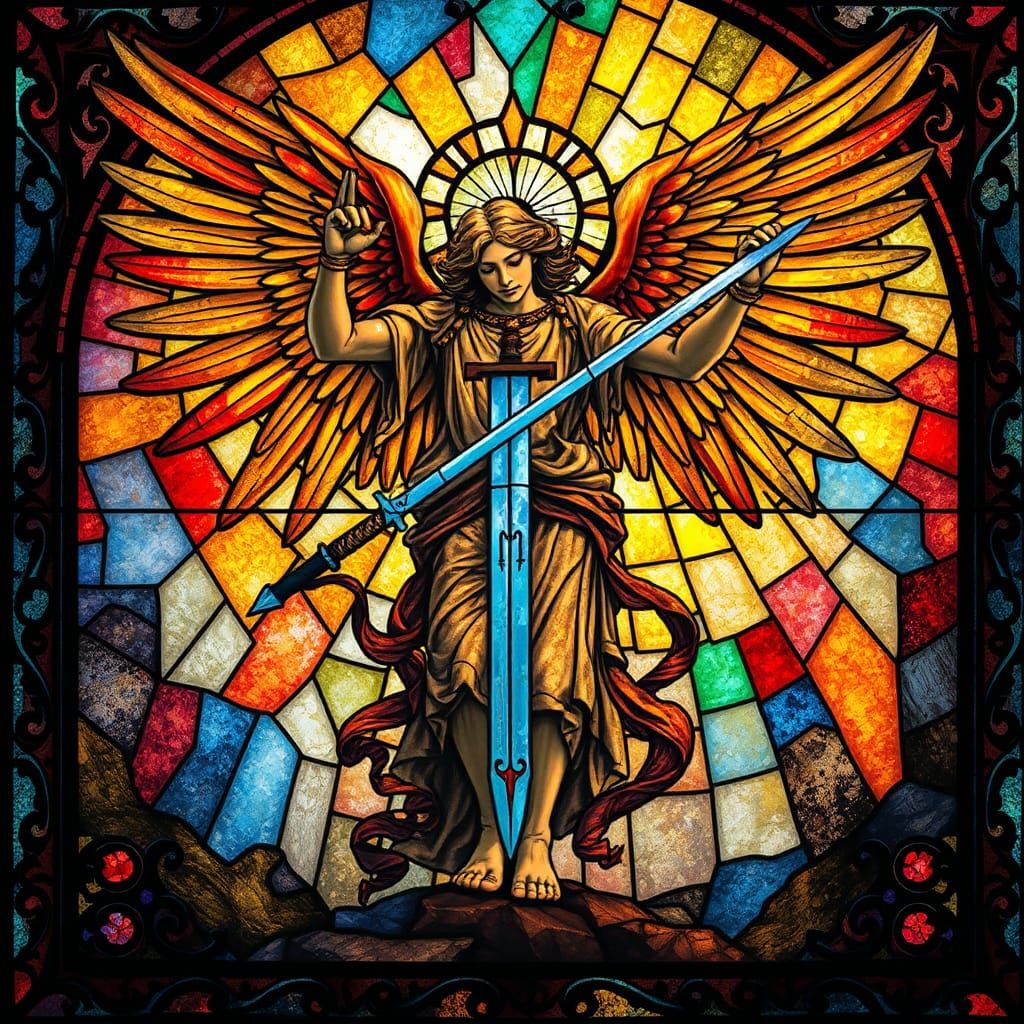 Majestic Angel with Sword in Stained Glass Style
