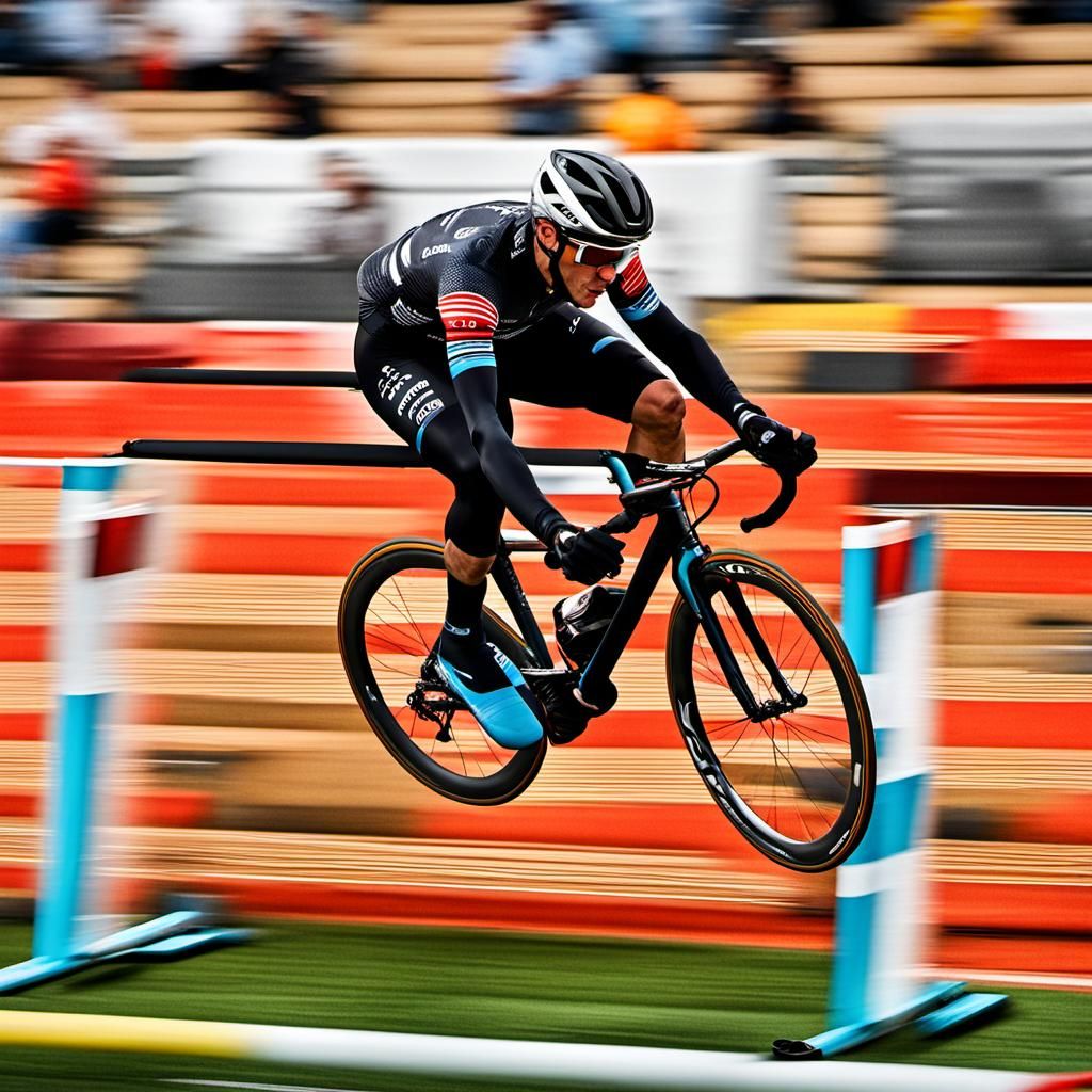 a cyclist moving over hurdles in a cycling race is flying in...