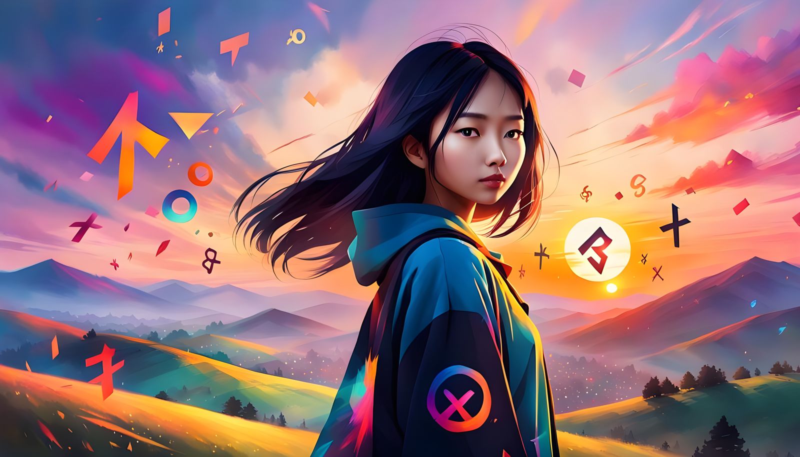 Asian Student with Floating Math Symbols at Sunset