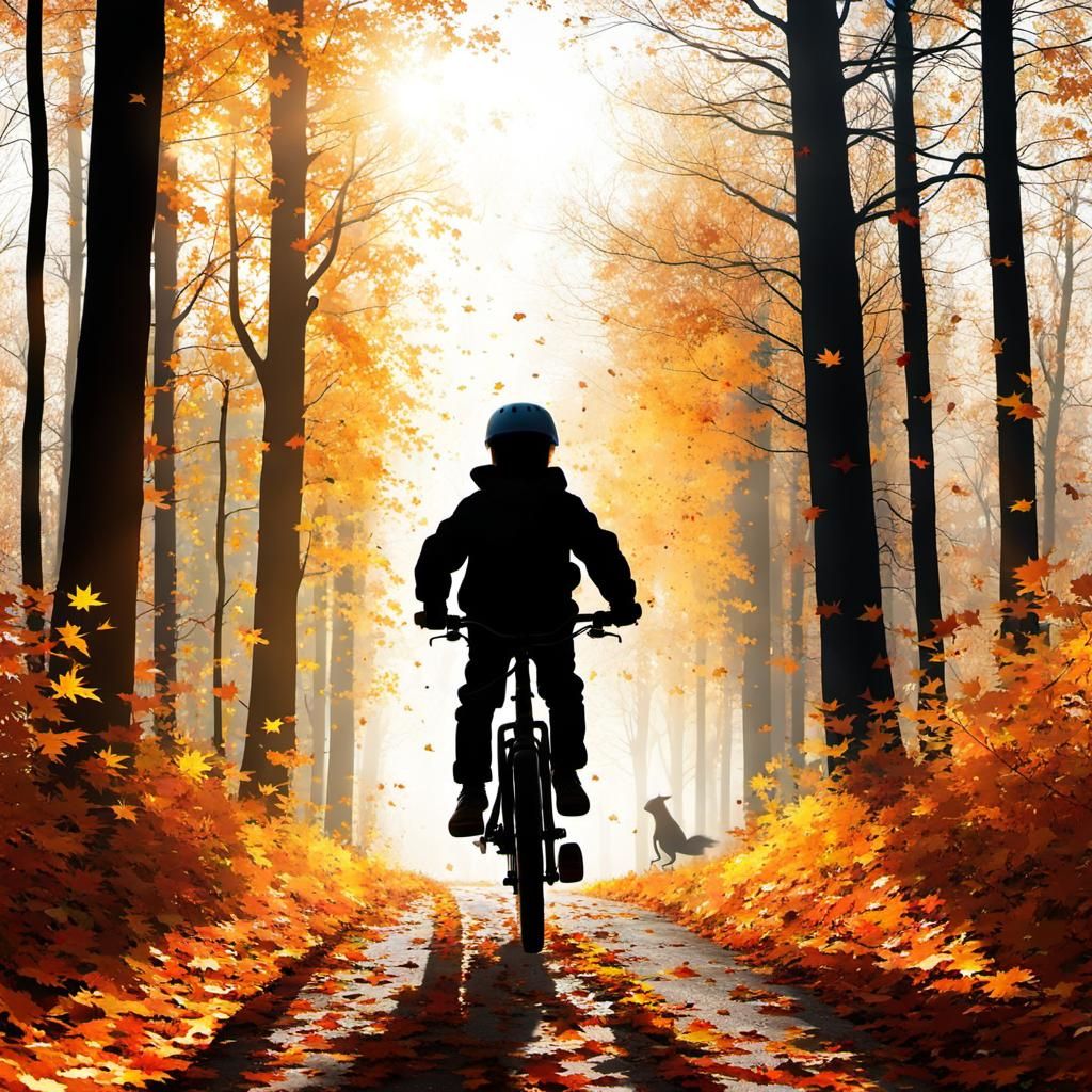 Autumn Forest Child on Bicycle Double Exposure