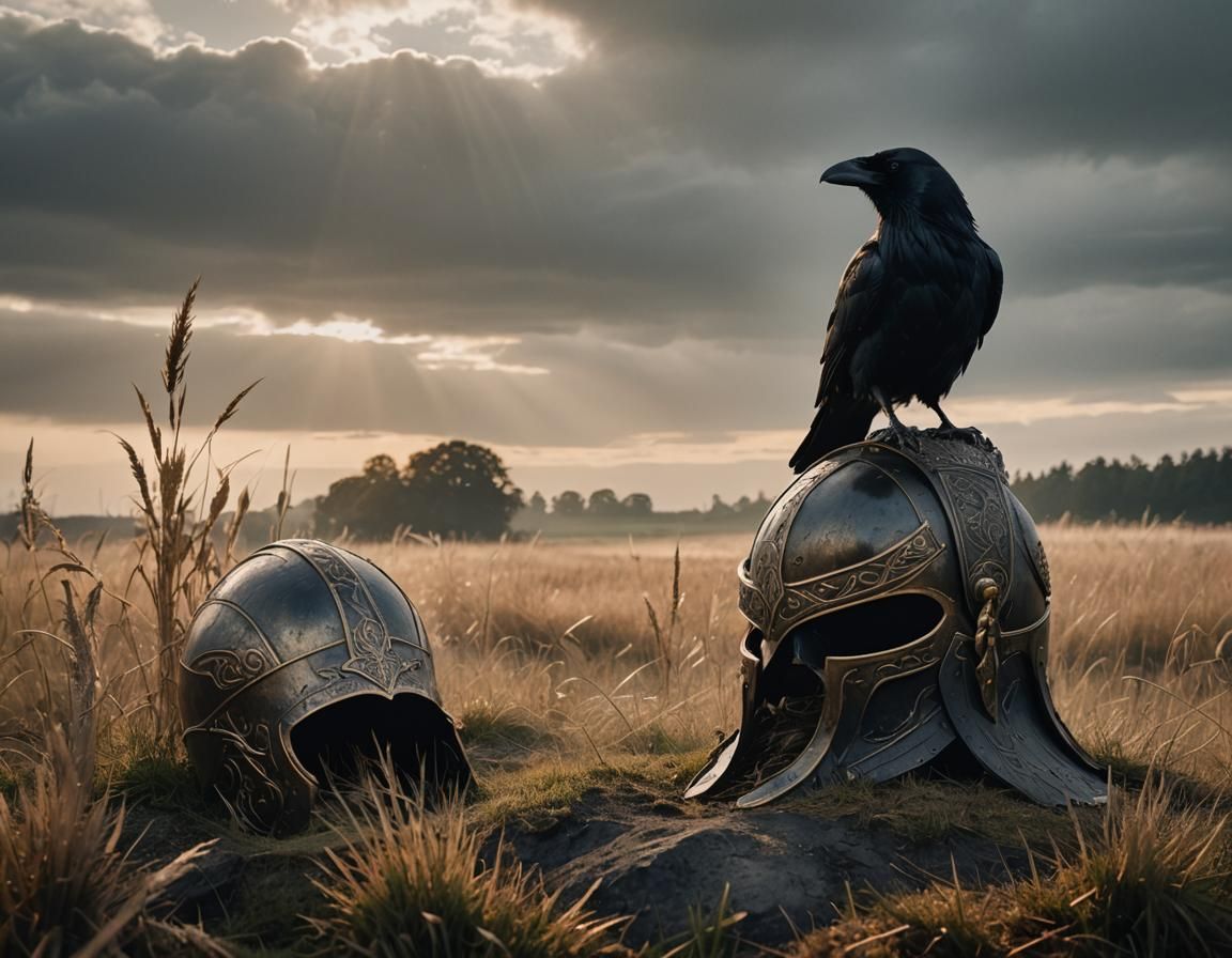 Raven on Viking Helmet in Dark Fantasy Style