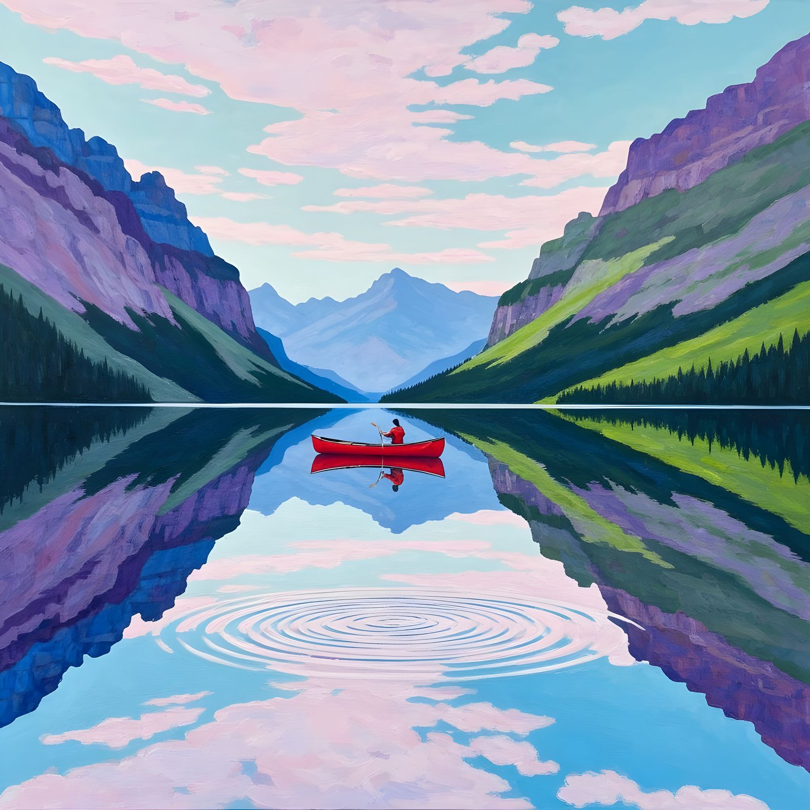Red Canoe Reflection on Mountain Lake Painting