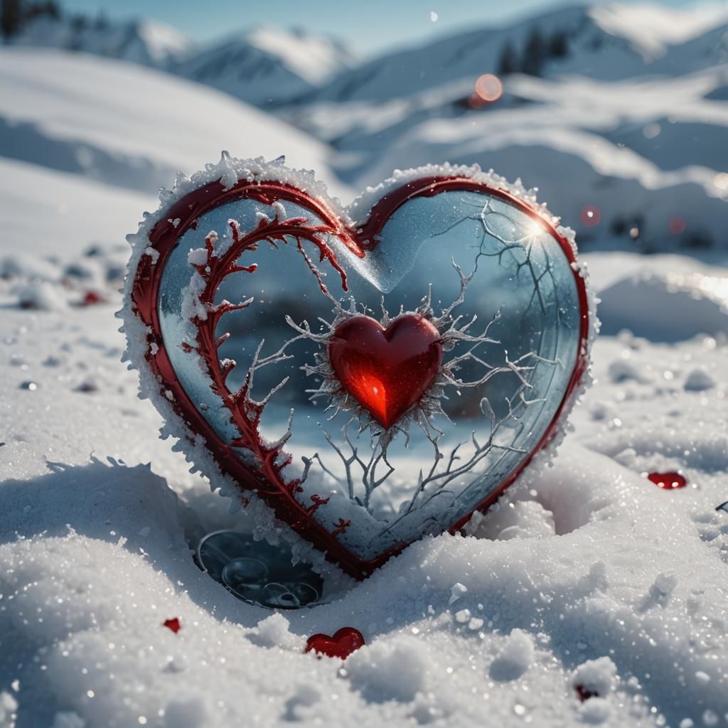 Glass Red Heart Buried in Winter Snow