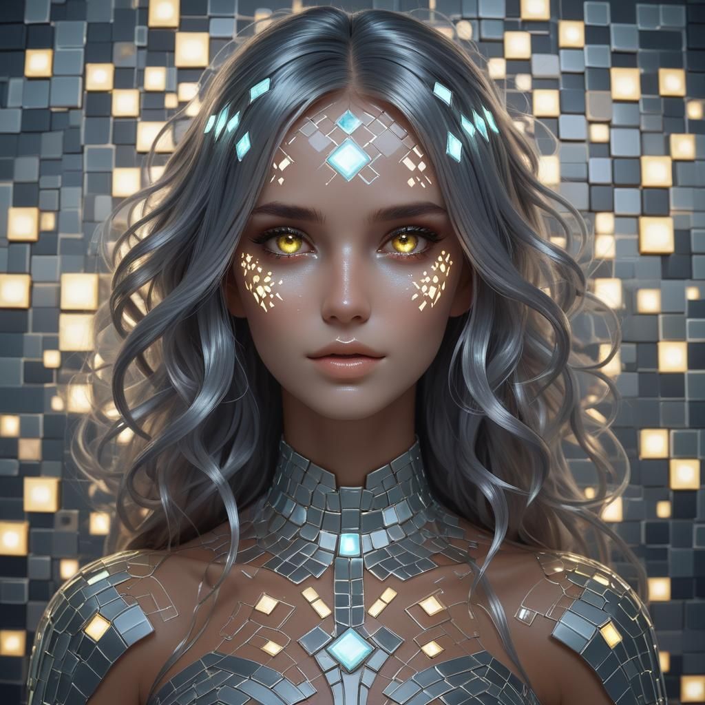 Glowing Woman with Dico Tiles and Glass Hair