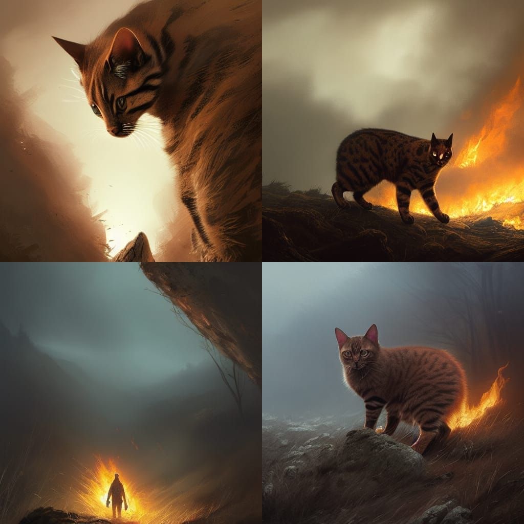 Scarred Cat on Burning Moor: Dark Fantasy Art