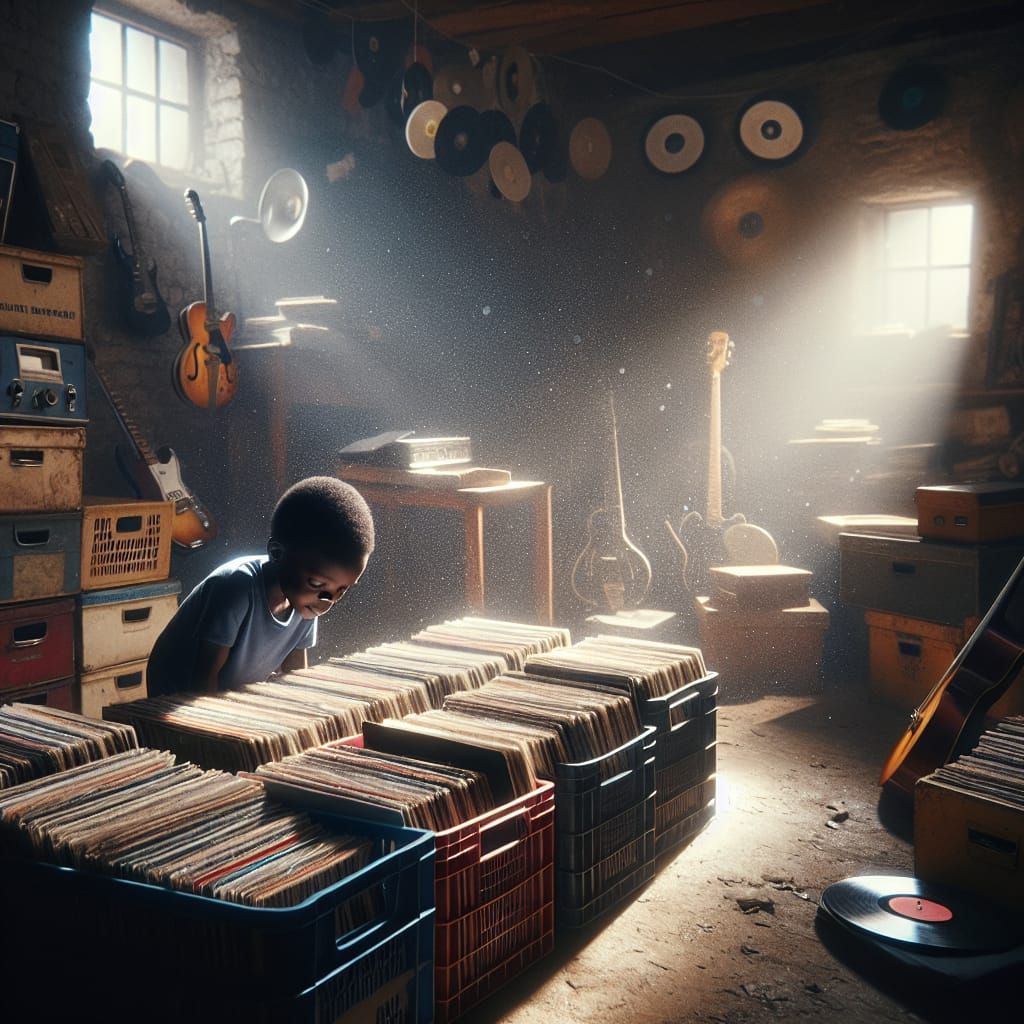 Vinyl Records and Childhood Nostalgia in Dimly Lit Basement