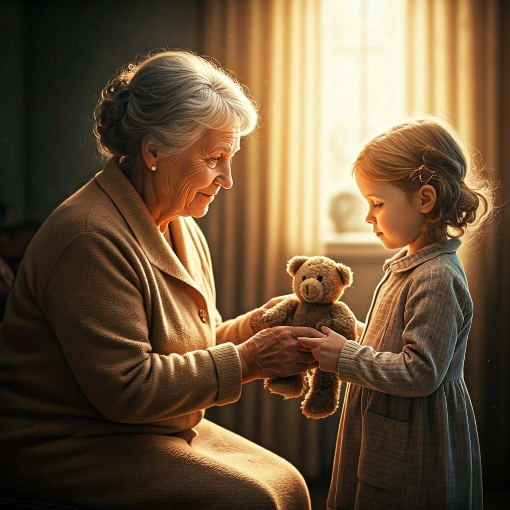 Grandmother and Granddaughter Share Teddy Bear Moment