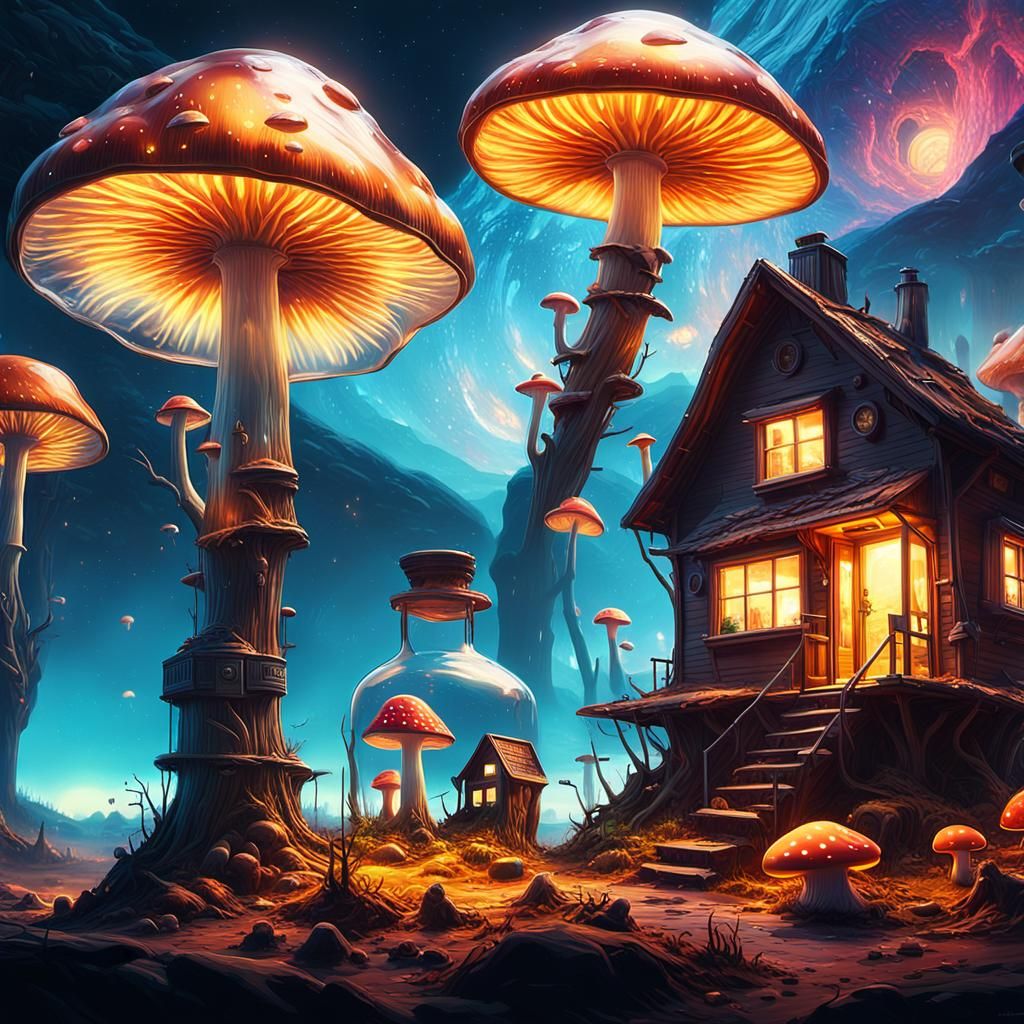 Mushroom Village in a Bottle: Digital Matte Painting