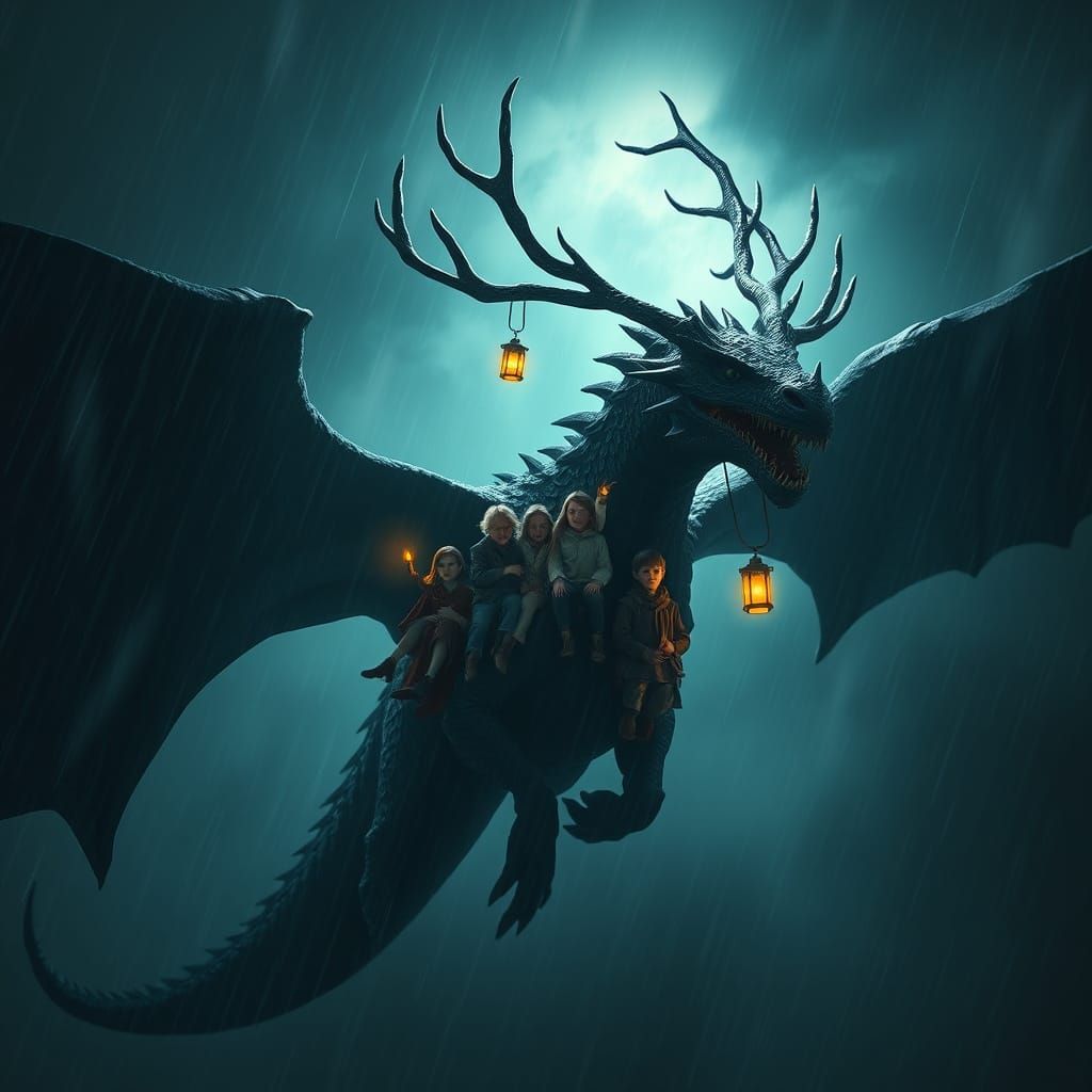 Colossal Dragon Soaring with Children, Cinematic Art