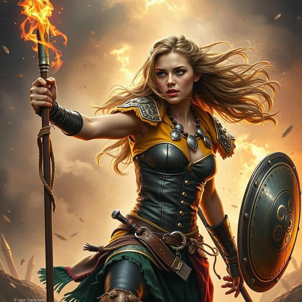 Celtic Warrior Woman Charging into Battle