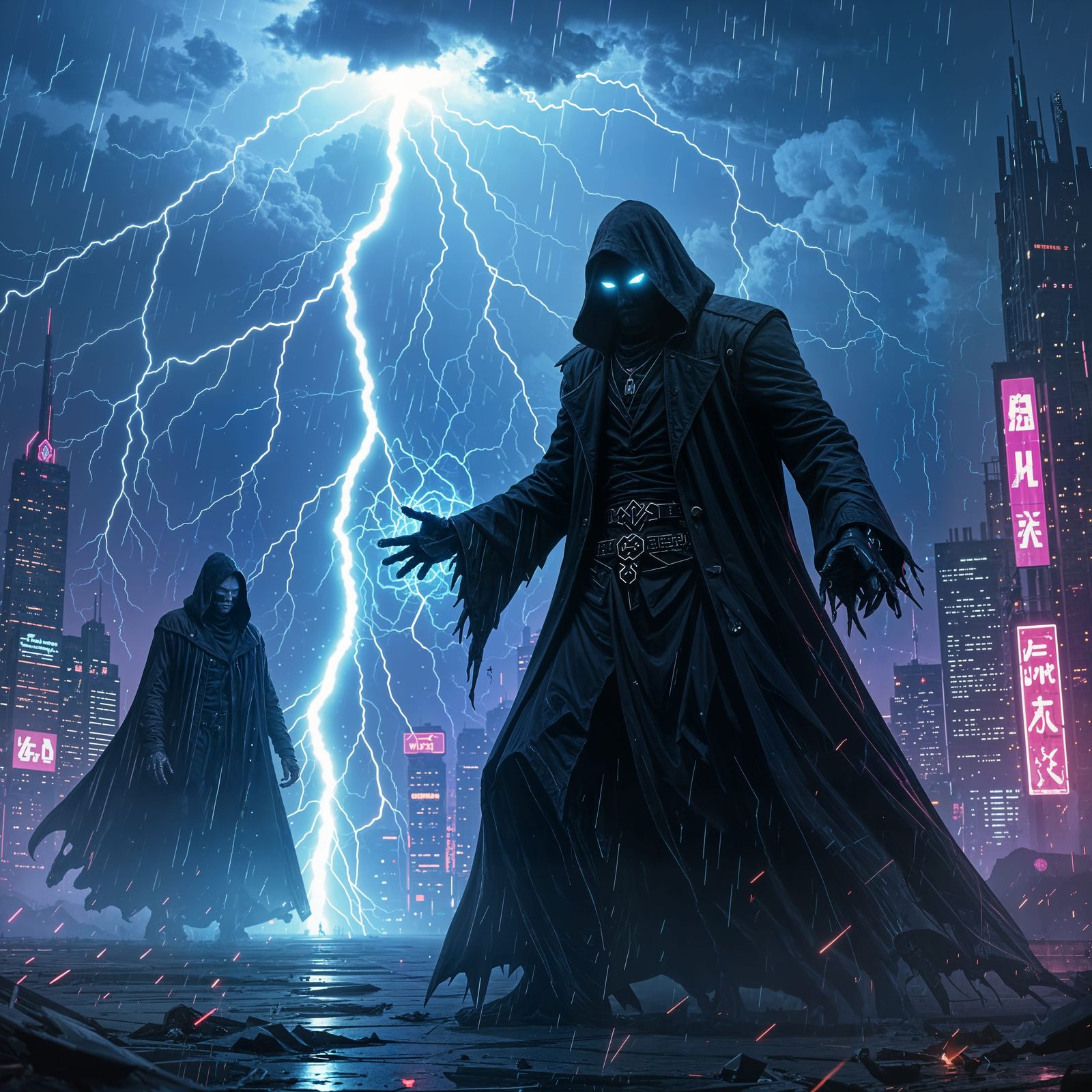 Lich Battles Death in Dystopian Cyberpunk Cityscape