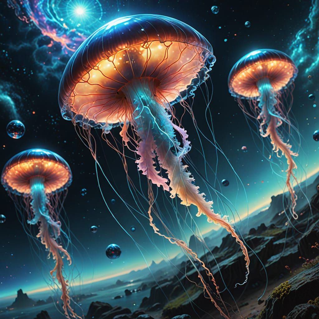 Bioluminescent Jellyfish Drifting Through Space in Digital A...