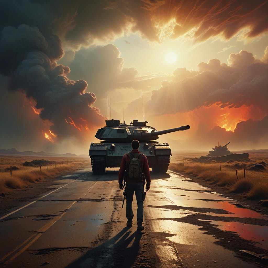 Tank Man Confronts Tank in Desolate Road