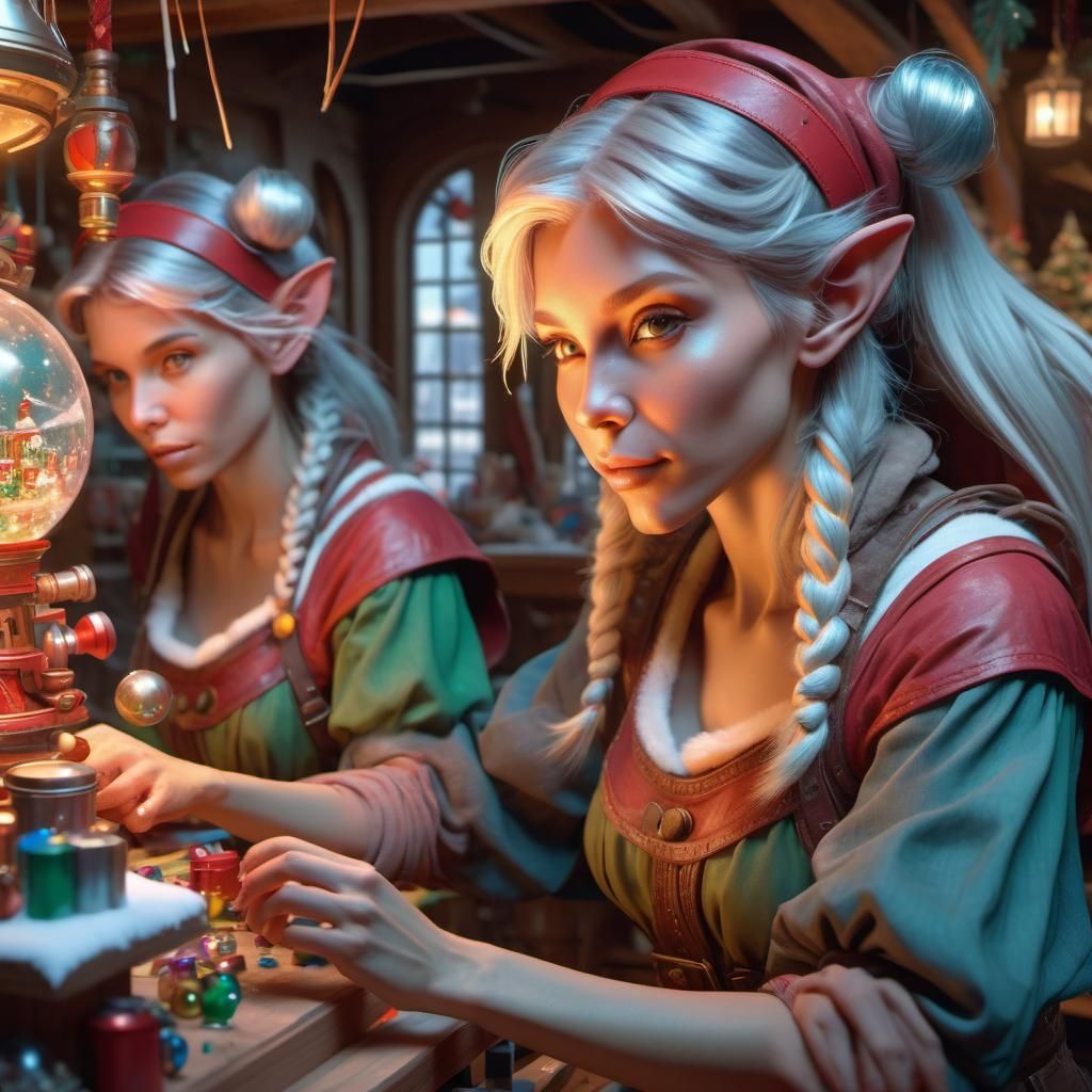 Elves Making Toys: Detailed North Pole Portrait