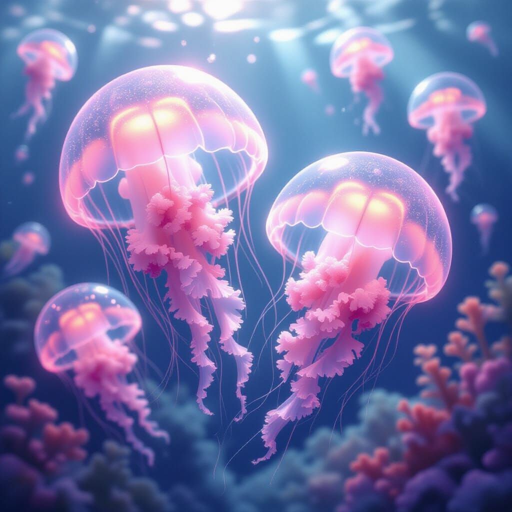 Glowing Pink Jellyfish Family in Ethereal Underwater Scene