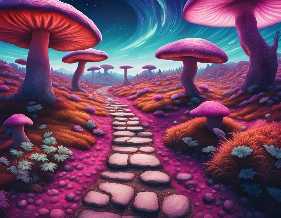 Psychedelic Rabbit Landscape with Cosmic Sky