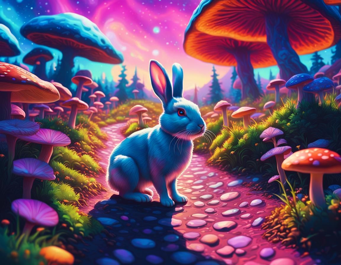Rabbit in Psychedelic Landscape with Cosmic Sky