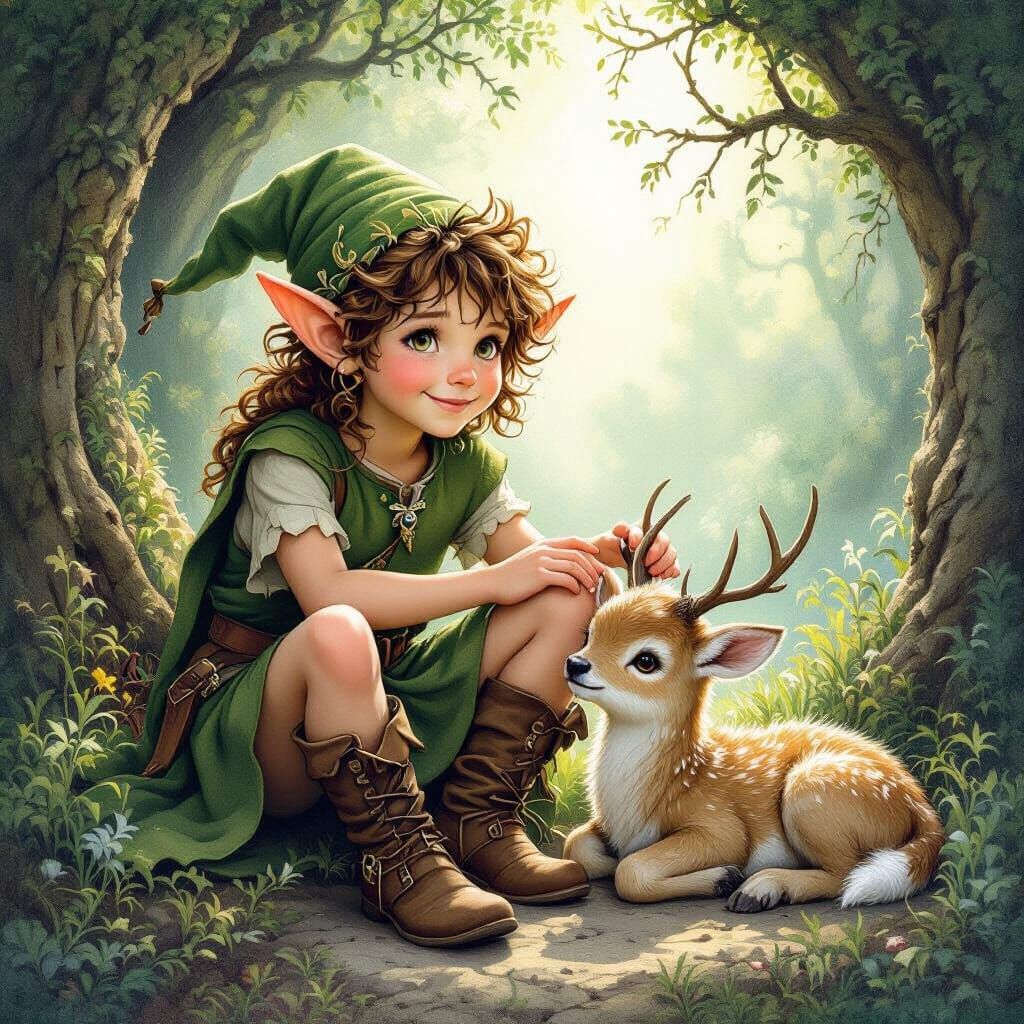 Elf Caressing Fawn in Enchanted Forest Glade