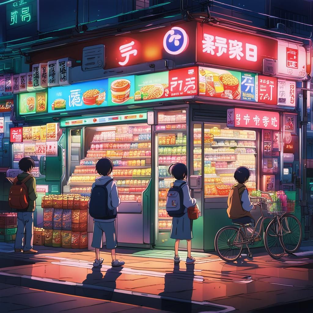 Neon-Lit Convenience Store: Anime Night Scene in Tokyo