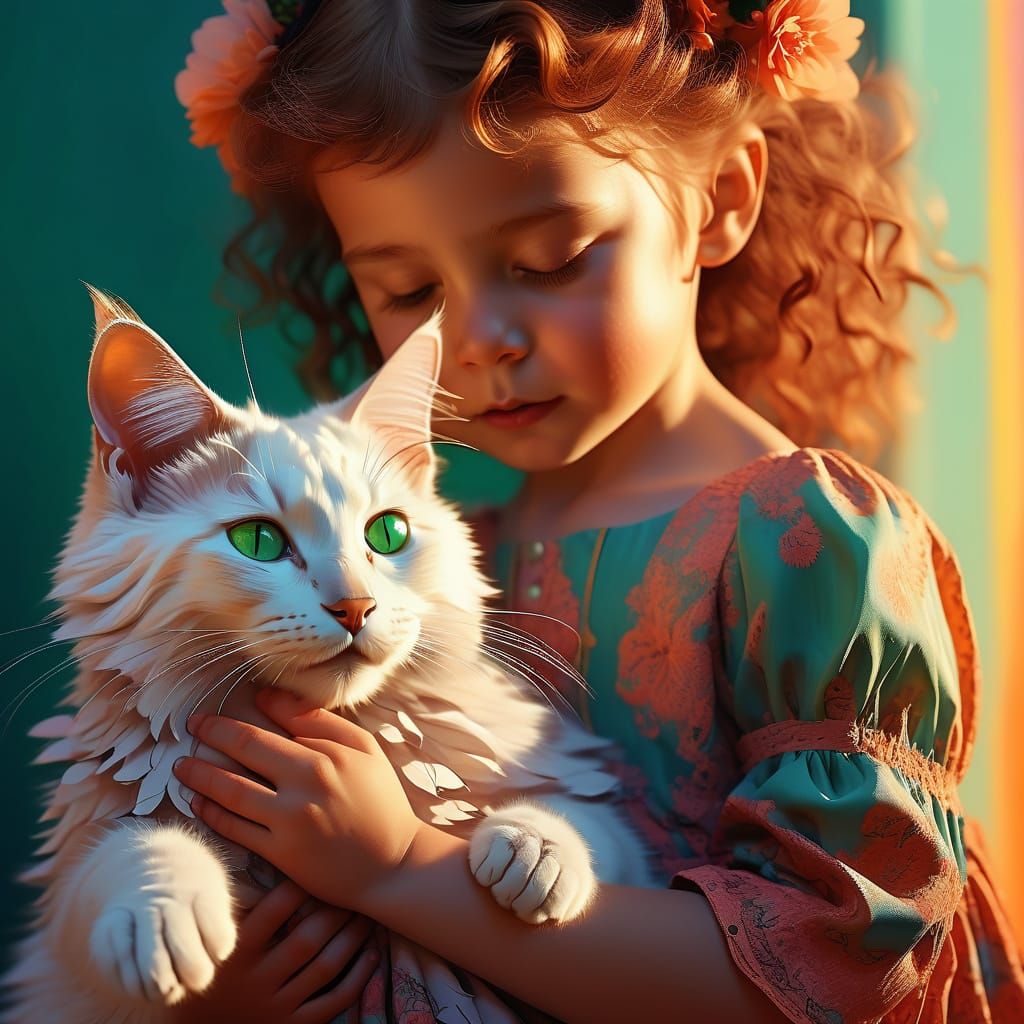 Turkish Angora Cat and Child in Whimsical Hyperrealistic Art