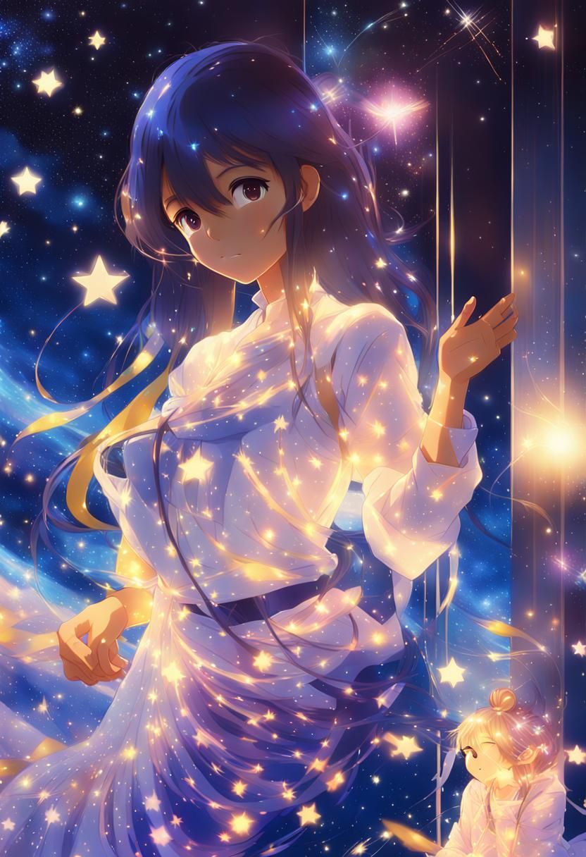Star Girl Flying in Space: Makoto Shinkai Anime Art