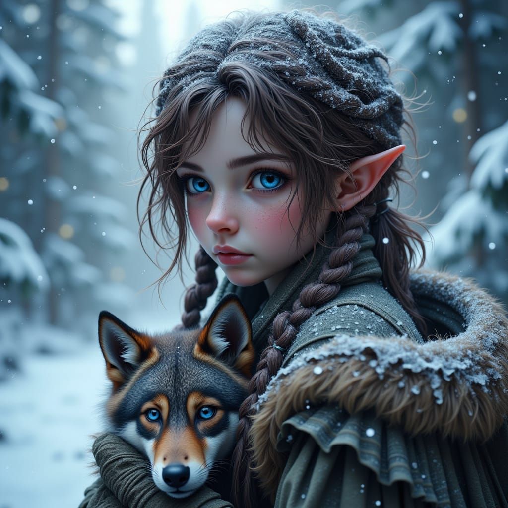 Cute elven girl with her wolf puppy in the woods during a snowstorm