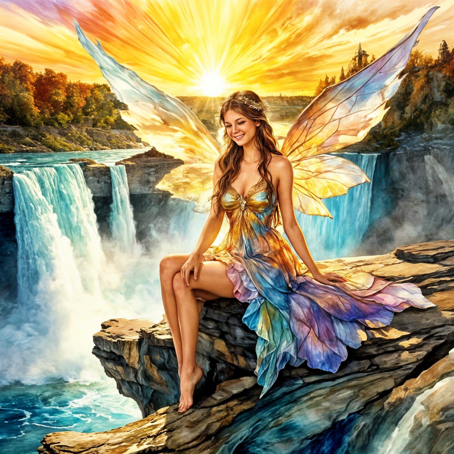 Fairy at Niagara Falls Watercolor Sunrise