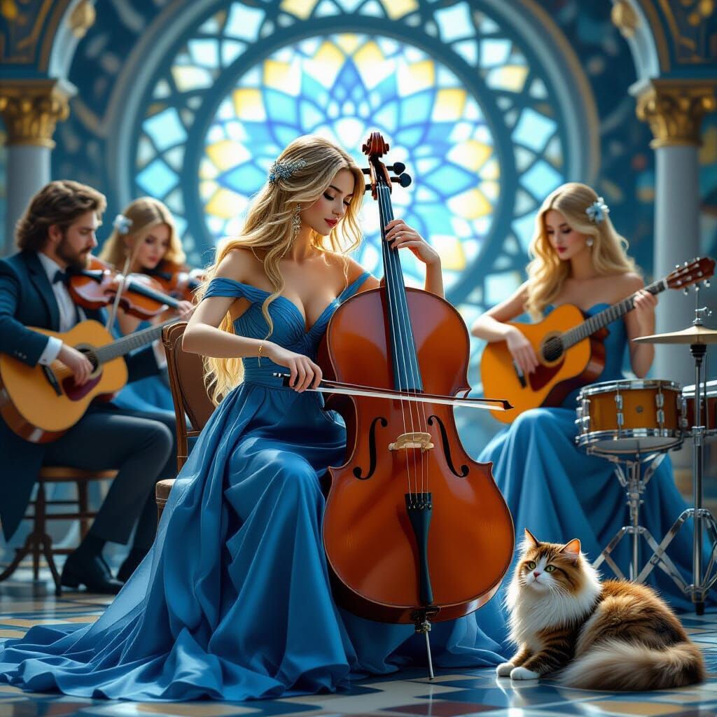 A serene scene featuring a woman playing a cello, accompanie...