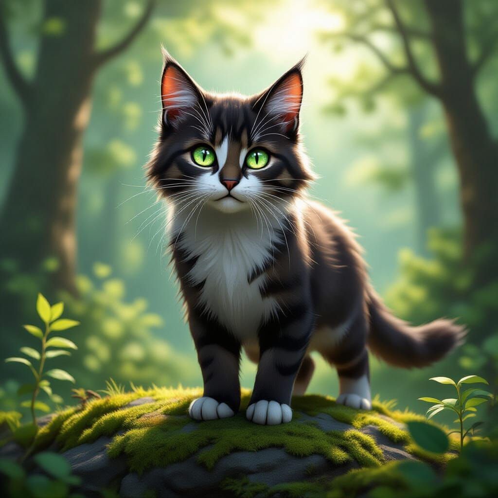 Warrior Cat with Emerald Eyes in Sunlit Forest