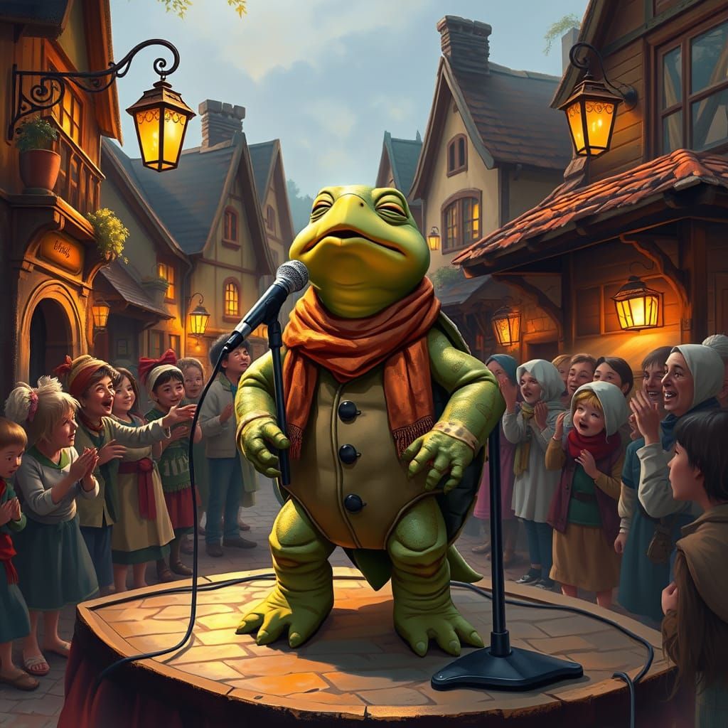 A semi-realistic scene of a turtle singing passionately on a...