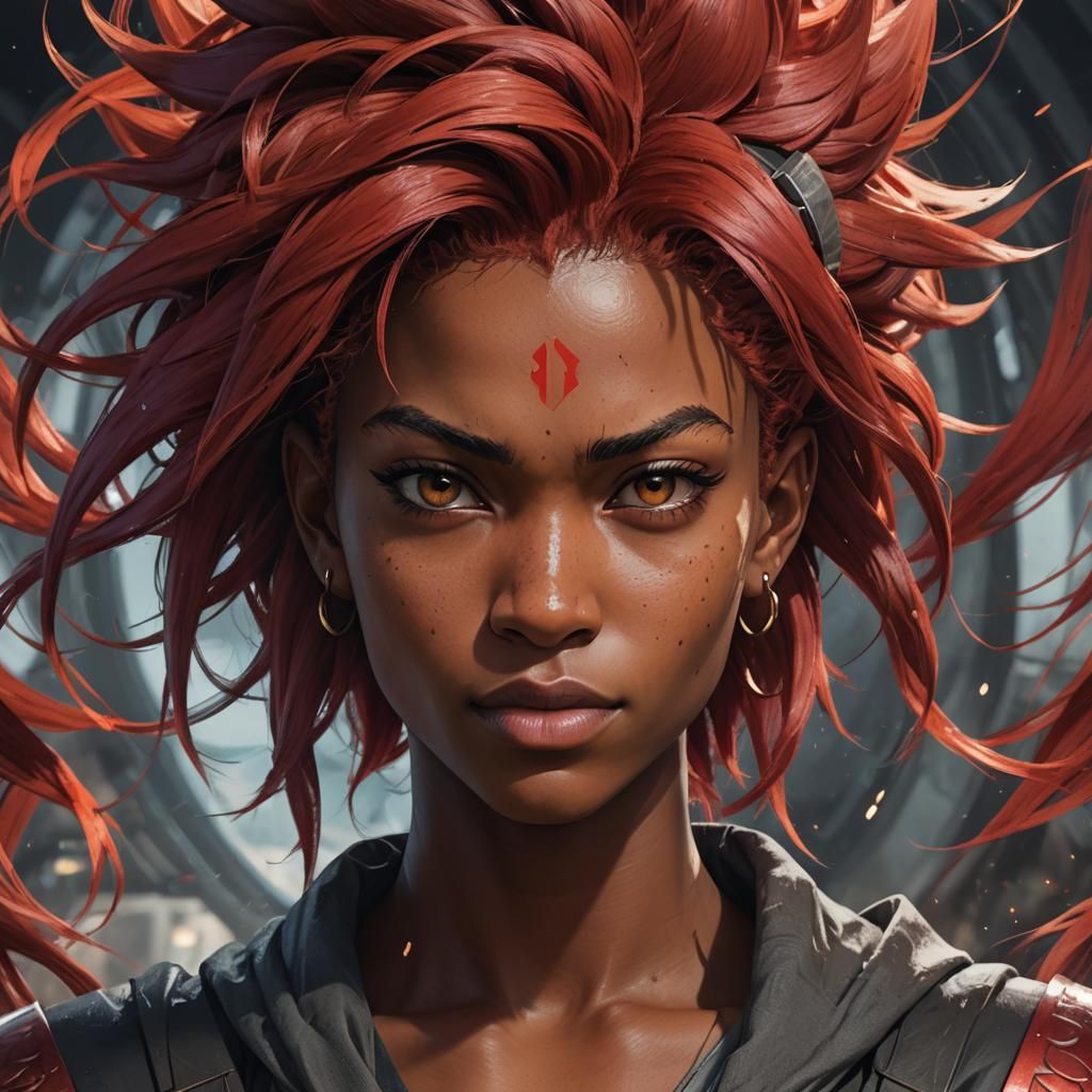 Super Saiyan Red-Haired Woman: Detailed Portrait