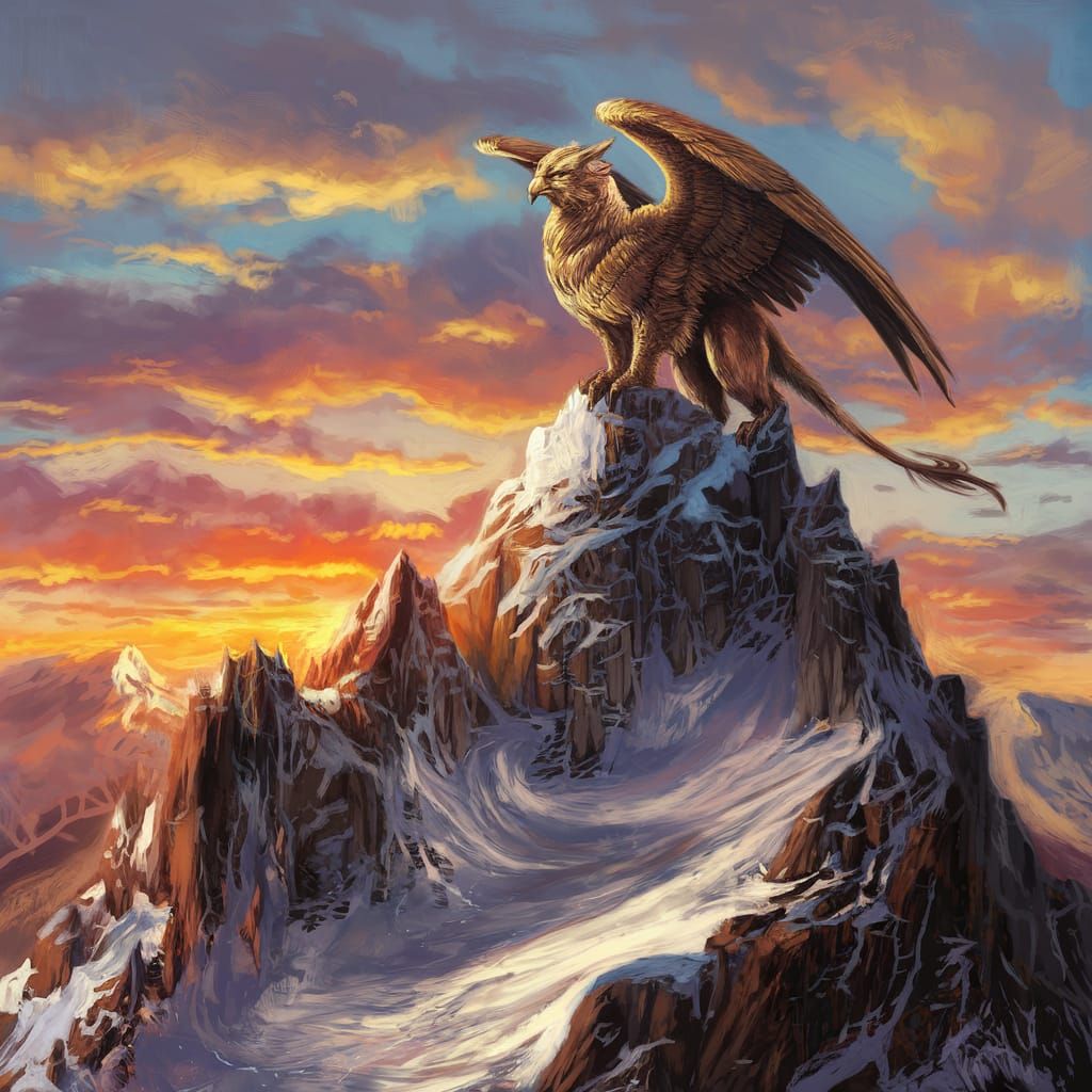Epic Fantasy Griffin Soars at Sunset on Majestic Mountain Pe...