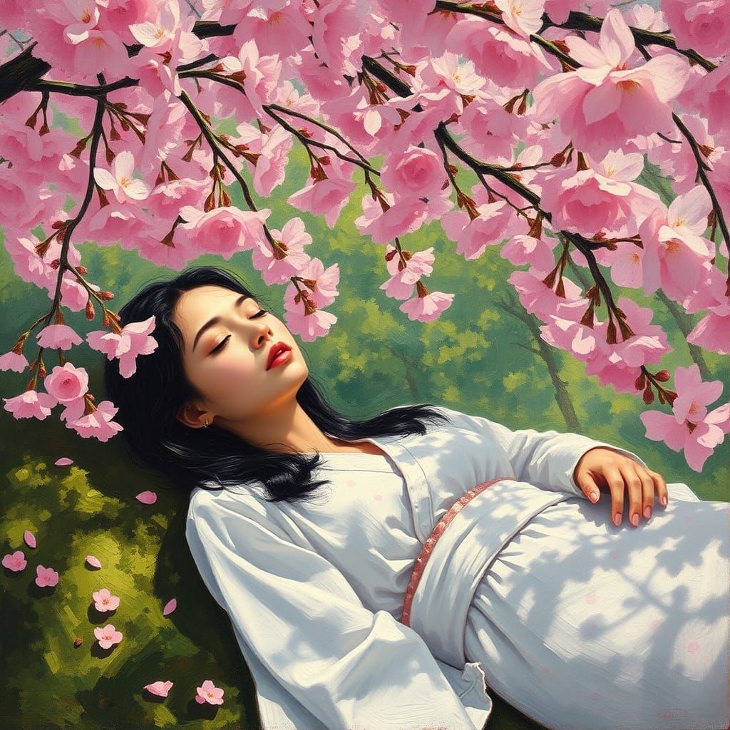 Woman Sleeping Under Cherry Blossoms in Neo-Impressionist St...