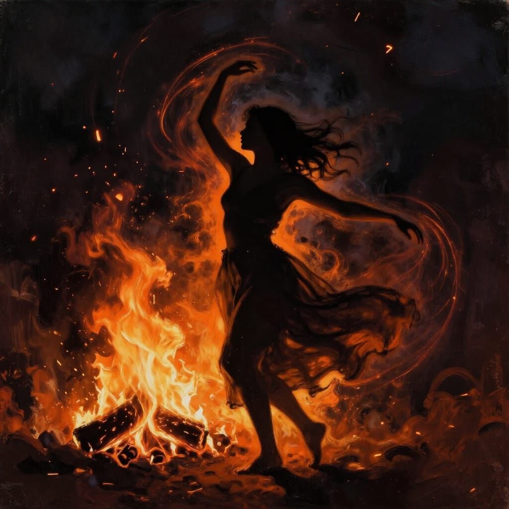 Woman Dancing in Fire Silhouette